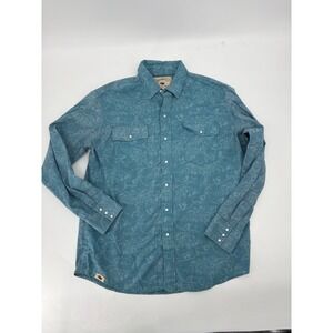 Western Aloha Mens XL Pearl Snap Shirt Teal Blue Tropical Animal Print Western